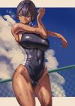  1girl absurdres ahoge blue_hair blue_sky breasts chain-link_fence cloud commentary_request competition_swimsuit covered_navel cross-body_stretch dark-skinned_female dark_skin double-parted_bangs fence hair_between_eyes hand_up highleg highleg_one-piece_swimsuit highres large_breasts letterboxed looking_to_the_side one-piece_swimsuit original ousesakuraki purple_eyes short_hair sky solo stretching swimsuit thighs toned toned_female wet 