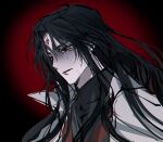  1boy bishounen black_background black_hair black_hanfu chinese_clothes coat crying crying_with_eyes_open facial_mark forehead_mark gradient_background hanfu hashtag-only_commentary long_hair luo_binghe male_focus mugwortrice parted_lips popped_collar red_background red_eyes renzha_fanpai_zijiu_xitong solo tears upper_body wavy_hair white_coat zuiyin 