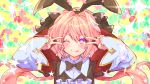  1boy astolfo_(fate) astolfo_(saber)_(fate) bangs black_bow black_dress black_neckwear black_ribbon blush bow bowtie closed_mouth double_v dress emotional_engine_-_full_drive fate/grand_order fate_(series) floral_background green_background hair_between_eyes hair_bow hair_intakes hair_ribbon hands_up highres ittokyu long_hair long_sleeves looking_at_viewer low_twintails multicolored_hair one_eye_closed otoko_no_ko parody pink_hair purple_eyes ribbon smile solo sparkle star streaked_hair striped striped_background tongue tongue_out twintails v white_hair wide_sleeves wing_collar yellow_background 