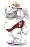  auroralicious belly big_belly blonde_hair bottomwear bra canid canine canis clothed clothing digitigrade ear_piercing eating female food hair hi_res mammal obese overweight overweight_female piercing skirt solo standing underwear wardrobe_malfunction wings wolf 