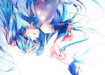  1girl aqua_neckwear armpits bare_shoulders black_sleeves blue_eyes blue_hair detached_sleeves grey_shirt hair_ornament hand_up hatsune_miku headphones highres long_hair looking_at_another necktie pinky_swear shirayuki_towa shirt sleeveless sleeveless_shirt smile twintails upper_body upside-down very_long_hair vocaloid white_background 