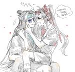  2boys ahoge alternate_costume arm_around_shoulder bandana belt black_hair blue-tinted_eyewear blue_bandana blue_shirt blush boots cheek_pinching closed_mouth collared_shirt commentary_request confetti contemporary couple eyewear_on_head grey_hair hair_ribbon hand_on_another's_cheek hand_on_another's_face hand_on_another's_thigh headband heart heart-shaped_eyewear highres korean_text lan_wangji long_hair looking_at_another male_focus melmerry modao_zushi monochrome multiple_boys open_mouth pinching ponytail red-tinted_eyewear red_bandana red_ribbon red_shirt ribbon shirt short_sleeves shorts sidelocks simple_background sitting sitting_on_lap sitting_on_person sketch smile socks speech_bubble spot_color sunglasses tinted_eyewear topknot undershirt wei_wuxian white_background xiao_guan_(headdress) yaoi 