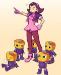  1girl 5boys absurdres anger_vein brown_hair commentary cropped_jacket crotch_plate earrings gloves green_eyes hair_pulled_back hairband hand_on_own_hip highres jewelry matheus_felipe mega_man_(series) mega_man_legends_(series) multiple_boys pantyhose pink_gloves pink_hairband pointing puff_of_air robot servbot_(mega_man) sitting skull_earrings tearing_up tron_bonne_(mega_man) 