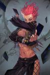  1boy abs arm_up bare_chest belt belt_buckle buckle bulge card chest collared_jacket covered_mouth facepaint fighting_stance fishnets floating_card floating_hair hand_up heart high_collar highres hip_vent hisoka_morow holding holding_card hunter_x_hunter jacket long_sleeves looking_at_viewer male_focus morry navel open_clothes open_jacket orange_eyes pants pink_hair playing_card short_hair spiked_jacket spikes star stomach toned toned_male zipper zipper_pull_tab 