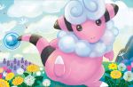  black_eyes blue_sky claws cloud cloudy_sky creature dandelion day flaaffy flower full_body gen_2_pokemon looking_at_viewer no_humans official_art pokemon pokemon_(creature) pokemon_trading_card_game shibuzoh sky solo standing standing_on_one_leg wind 