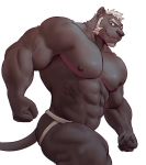  2020 abs absurd_res anthro beard biceps big_muscles black_body black_fur black_nose clothed clothing episode0006 facial_hair felid fur hair hi_res jockstrap looking_at_viewer male mammal muscular muscular_male pantherine pecs quads simple_background solo standing topless triceps underwear underwear_only white_background white_hair 