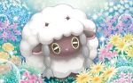  :3 black_eyes closed_mouth creature flower full_body gen_8_pokemon grass horns looking_at_viewer mizue no_humans official_art pokemon pokemon_(creature) pokemon_trading_card_game sheep solo sparkle wooloo 