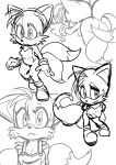  2_tails bodily_fluids breasts canid canine clothed clothing crossgender eyelashes facial_hair female footwear fox glistening glistening_eyes gloves handwear hanging_breasts hi_res holding_object looking_at_viewer mammal miles_prower monochrome mostly_nude multi_tail open_mouth overalls shoes sideburns simple_background sketch sonic_the_hedgehog_(series) sweat sweatdrop uyu white_background 