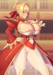 1girl ahoge areolae blonde_hair breasts censored cleavage closed_mouth epaulettes eyebrows_visible_through_hair fate/extra fate_(series) green_eyes hair_ribbon hand_on_hip huge_breasts looking_at_viewer mosaic_censoring nero_claudius_(fate) nero_claudius_(fate)_(all) no_panties pussy red_ribbon ribbon short_hair smile solo standing sweat zheng 