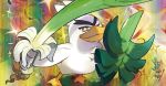  bird brown_eyes duck gen_8_pokemon no_humans official_art one_eye_closed pokemon pokemon_trading_card_game shield sirfetch&#039;d smile spring_onion white_feathers 
