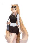  1girl absurdres alternate_costume animal_ear_fluff animal_ears arknights bag black_shirt blonde_hair bracelet breasts closed_mouth drill_hair drill_sidelocks eyewear_on_head feet_out_of_frame green_eyes highres jewelry lavriell long_hair looking_at_viewer mixed-language_commentary plaid_clothes plaid_skirt shirt shoulder_bag sidelocks skirt sleeves_rolled_up smile solo standing sunglasses swire_(arknights) tail tiger_ears tiger_girl tiger_tail very_long_hair white_background white_shirt 