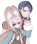  1boy 1girl :3 animal_ear_fluff animal_ear_piercing animal_ears blue_hair braid braided_twintails bright_pupils closed_mouth commentary_request damian_blackwood furry furry_female green_eyes green_shirt hair_ornament highres jacket long_hair looking_at_viewer nashihana149 pink_fur pink_hair rabbit_ears rabbit_girl red_eyes red_shirt screw shirt short_hair simple_background sphere_hair_ornament white_background white_jacket white_pupils zenless_zone_zero zhao_(zenless_zone_zero) 