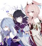  3girls ? ?? absurdres arrow_(symbol) bare_shoulders black_hair blue_dress blue_hair blunt_bangs blush bracelet bright_pupils closed_mouth columbina_(genshin_impact) commentary_request company_connection crossed_bangs detached_sleeves dress earrings eye_mask genshin_impact gloves gold_halo gold_trim gradient_hair hair_intakes hair_ornament halo head_wings heart heart-shaped_pupils highres honkai:_star_rail honkai_(series) jewelry linnea_(genshin_impact) long_hair looking_at_another looking_at_viewer looking_to_the_side magnet_8_8 mask mihoyo multicolored_hair multiple_girls open_mouth pearl_bracelet pink_hair pointy_ears purple_hair red_eyes robin_(honkai:_star_rail) simple_background smile symbol-shaped_pupils teeth trait_connection white_background white_dress white_pupils wing_hair_ornament wings 