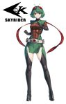  1girl antennae armor belt black_boots black_gloves boots brown_armor character_name clenched_hand closed_mouth colored_inner_hair commentary eidenjyou1997 emblem english_commentary full_body genderswap genderswap_(mtf) gloves green_armor green_hair high_heel_boots high_heels highres kamen_rider long_scarf looking_at_viewer medium_hair multicolored_hair neo_kamen_rider open_hand red_eyes red_scarf rider-tan rider_belt scarf simple_background skyrider smile solo standing thigh_boots tornado_(kamen_rider) white_background white_belt 
