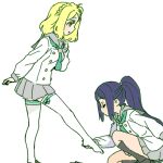  2girls black_socks blonde_hair braid brown_shoes buttons closed_eyes commentary crown_braid double-breasted green_eyes grey_sailor_collar grey_skirt hair_rings holding_another's_foot kneehighs loafers long_hair looking_at_another love_live! love_live!_sunshine!! matsuura_kanan miniskirt multiple_girls ohara_mari one_side_up pleated_skirt profile purple_hair sailor_collar school_uniform serafuku shinanoya_(satanicad) shirt shoes single_hair_ring single_shoe skirt socks thighhighs untranslatable_commentary unworn_shoes uranohoshi_school_uniform white_shirt white_thighhighs winter_uniform yuri zettai_ryouiki 