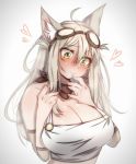  adahams animal_ears blush breasts elbow_pads fox fox_ears goggles goggles_on_head green_eyes grey_hair hair_flaps halter_top halterneck highres large_breasts lily_the_mechanic lost_pause mechanic upper_body 