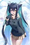  1girl 1other alternate_costume aqua_hair arm_behind_back black_coat black_gloves black_hair blue_hair blush brown_skirt character_snowman coat collar_tug colored_inner_hair commander_(nikke) commentary_request cropped_legs doro_(nikke) double-parted_bangs gloves goddess_of_victory:_nikke gradient_hair hair_between_eyes hair_bun hair_intakes hair_ornament highres little_mermaid_(nikke) long_hair long_sleeves looking_at_viewer multicolored_hair open_mouth outdoors pink_eyes pink_hair pleated_skirt single_side_bun skirt smile snow snowball snowman tree very_long_hair yellow_eyes yorugami_rei 