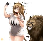  2020 5_fingers ambiguous_gender animal_humanoid arknights big_breasts breasts cellphone clothed clothing collar dialogue duo english_text felid felid_humanoid female feral fingers gesture hair hi_res holding_object holding_phone humanoid jmg lion lion_humanoid long_hair mammal mammal_humanoid nipple_outline pantherine pantherine_humanoid phone selfie shirt siege_(arknights) simple_background text topwear v_sign white_background yellow_eyes 