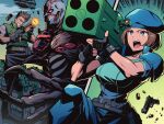  1girl 2boys aircraft beret black_gloves blue_eyes blue_hat blue_pants breasts brown_hair chris_redfield clenched_teeth commentary_request fingerless_gloves firing gloves hat helicopter highres holding holding_weapon jill_valentine large_breasts multiple_boys open_mouth pants pechamaju resident_evil resident_evil_1 short_hair teeth upper_teeth_only weapon 
