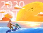  2020 2girls aqua_hair bird boots brown_coat coat commentary flock grey_coat hatsune_miku holding_hands long_hair megurine_luka mittens multiple_girls niidonroad ocean open_mouth pink_hair pulled_by_another pulling scenery shadow smile standing sunset twilight twintails v_formation very_long_hair vocaloid 