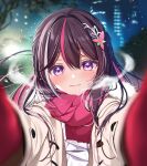  1girl adapted_costume ascot asymmetrical_sidelocks azki_(4th_costume)_(hololive) azki_(hololive) blurry blurry_foreground blush breath brown_coat brown_hair city_lights closed_mouth coat colored_inner_hair commentary_request depth_of_field double-parted_bangs dress hair_ornament hairclip half_updo highres hololive incoming_hug long_sleeves looking_at_viewer meme mittens mole mole_under_eye multicolored_hair night outdoors pink_hair pink_streaks pov_cheek_warming_(meme) purple_eyes reaching reaching_towards_viewer red_mittens red_scarf scarf sidelocks smile solo streaked_hair tsurugi_hikaru upper_body virtual_youtuber white_ascot white_dress white_streaks 