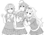  3girls :d ahoge blush bow braid character_request covered_mouth covering_mouth embarrassed fingerless_gloves gloves greyscale hair_bow hair_flaps hair_ornament hair_over_shoulder hair_ribbon hairclip hands_up highres holding itou_(onsoku_tassha) kantai_collection letter long_hair looking_up monochrome multiple_girls neckerchief necktie open_mouth pleated_skirt ribbon round_teeth school_uniform serafuku shigure_(kantai_collection) shiratsuyu_(kantai_collection) short_hair simple_background single_braid skirt smile standing sweatdrop teeth upper_teeth white_background yuudachi_(kantai_collection) 