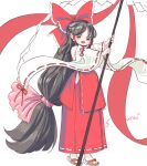  1girl adapted_costume alternate_hair_length alternate_hairstyle artist_name bow brown_eyes brown_hair brown_sandals commentary_request detached_sleeves frilled_bow frilled_hair_tubes frills gohei hair_bow hair_tubes hakurei_reimu holding holding_gohei long_hair looking_at_viewer multi-source_commentary open_mouth red_bow red_skirt ribbon-trimmed_sleeves ribbon_trim s-a-murai sandals skirt skirt_set smile socks solo touhou very_long_hair white_socks 
