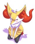  ambiguous_gender anthro blush braixen canid canine disembodied_hand fur hi_res huwon inner_ear_fluff mammal nintendo pok&eacute;mon pok&eacute;mon_(species) simple_background solo tuft video_games white_body white_fur yellow_body yellow_fur 