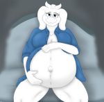  anthro belly big_belly big_breasts boss_monster bovid breasts caprine clothing female fur hi_res hyper hyper_belly looking_at_viewer mammal mature_female navel outie_navel pregnant solo toriel undertale undyingwolf video_games white_body white_fur 