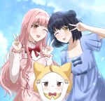  2girls :3 ;p animal black_shirt bloom_poetry_(shining_nikki) blue_bow blue_dress blue_sky bow bow_button bowtie brown_pupils cat cloak closed_mouth clothed_animal clothes_writing cloud collarbone collared_shirt commentary cowboy_shot cross-laced_clothes cross-laced_dress dot_nose double_v dress dress_ribbon ear_covers english_commentary frilled_shirt_collar frilled_sleeves frills hair_bun happy high_collar highres hood hood_up hooded_cloak light_blush light_particles long_hair long_sleeves momo_(nikki) multiple_girls nikki_(nikki) nikki_(series) nonoberry22 one_eye_closed pawpads pink_dress pink_hair plaid_clothes plaid_dress pleated_sleeves red_bow red_bowtie red_ribbon ribbon shining_nikki shirt short_hair short_sleeves single_hair_bun sky square_neckline stylist_(nikki) tongue tongue_out traditional_bowtie v very_long_hair wavy_hair white_cat white_shirt yellow_cloak yellow_eyes yellow_pupils 
