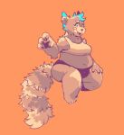  2017 ailurid anthro belly big_tail blue_highlights breasts claws clothing crop_top female full-length_portrait fur hi_res highlights_(coloring) inner_ear_fluff long_tail mairi_nigalya_ponya mammal midriff navel neck_tuft orange_background pawpads portrait red_panda ropnolc shirt simple_background solo thick_thighs topwear tuft 