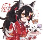  1girl :3 :d animal_ear_fluff animal_ears black_hair bone_print brown_eyes character_name cherry_blossoms commentary_request fang floral_print glasses hololive inugami_korone japanese_clothes long_hair looking_at_viewer maid_headdress multicolored_hair nekomata_okayu onigiri_print ookami_mio open_mouth paw_print pochimoto ponytail red_hair shirakami_fubuki simple_background smile solo streaked_hair upper_body virtual_youtuber wa_maid white_background wolf_ears wrist_cuffs 
