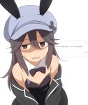  1girl animal_ears armpit_crease averting_eyes black_bow black_bowtie black_hair black_jacket black_leotard blazer bow bowtie brown_eyes commentary_request curakuru curakuru_(character) detached_collar ears_through_headwear fake_animal_ears fang flat_chest grey_hat hair_between_eyes hat highres jacket leotard long_hair looking_at_viewer looking_to_the_side odaibako off_shoulder open_clothes open_jacket open_mouth original playboy_bunny rabbit_ears request_inset simple_background skin_fang solo strapless strapless_leotard traditional_bowtie translation_request white_background 