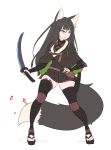  1girl absurdres animal_ears ass_visible_through_thighs belt black_dress black_hair brown_capelet brown_eyes clog_sandals closed_mouth copyright_request dress fighting_stance flower fox_ears fox_tail full_body hair_flower hair_ornament highres holding holding_sword holding_weapon katana legs_apart long_hair long_sleeves multicolored_hair nagisa_kurousagi no_socks pink_flower scabbard sheath short_dress short_over_long_sleeves short_sleeves simple_background skindentation solo streaked_hair sword tail thighhighs weapon white_background 
