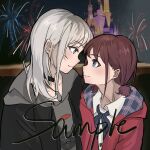  2girls aerial_fireworks black_choker black_jacket brown_hair choker closed_mouth commentary_request eye_contact fireworks girls_band_cry grey_eyes grey_hair grey_hoodie highres hood hood_down hoodie iseri_nina jacket kawaragi_momoka long_hair looking_at_another low_twintails multicolored_hair multiple_girls red_jacket roots_(hair) shirt short_hair short_twintails twintails white_shirt yuri zhuahen1215 