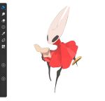  1girl alternate_weapon art_program_in_frame black_eyes chakram cloak commentary full_body highres hightguy hollow_knight hollow_knight:_silksong hornet_(hollow_knight) horns looking_at_map red_cloak solo weapon white_background 