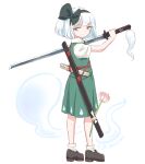  1girl artist_name black_hairband brown_shoes closed_mouth commentary_request flower full_body green_skirt green_vest grey_hair hairband hitodama hitodama_print holding holding_sword holding_weapon katana konpaku_youmu konpaku_youmu_(ghost) looking_at_viewer multiple_swords pink_flower s-a-murai sheath sheathed shirt shoes short_hair short_sleeves simple_background skirt skirt_set socks solo sword sword_on_back touhou unsheathed vest weapon weapon_on_back white_background white_shirt white_socks 