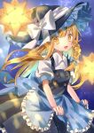  1girl :d apron_hold back_bow black_hat black_skirt black_vest blonde_hair blue_background blue_bow bow braid buttons collared_shirt commentary cowboy_shot hair_bow hat hat_bow highres kirisame_marisa light_particles lips long_hair open_mouth potato_cat puffy_sleeves shirt sideways_glance single_braid skirt sky small_stellated_dodecahedron smile solo star_(sky) starry_sky touhou vest white_bow white_shirt witch_hat yellow_eyes 