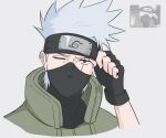  1boy black_gloves commentary_request fingerless_gloves flak_jacket forehead_protector gloves grey_hair hatake_kakashi highres jacket konohagakure_symbol looking_at_viewer male_focus mask mouth_mask naruto_(classic) naruto_(series) one_eye_closed ray_kks99 red_eyes reference_inset scene_reference screenshot_inset sharingan solo upper_body 