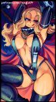  1girl :q blonde_hair blush breasts cleavage gloves hair_ornament hairclip hat large_breasts long_hair looking_at_viewer mogy64 mole mole_under_mouth navel parted_bangs red_eyes senran_kagura senran_kagura_shinovi_versus shiki_(senran_kagura) smile solo thighhighs tongue tongue_out two-tone_cape 