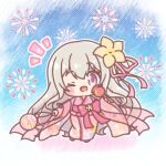  1girl ;d aerial_fireworks blue_sky blush_stickers bow brown_flower candy_apple chibi cloud commentary_request commission fireworks flower food full_body grey_hair hair_bun hair_flower hair_ornament hair_ribbon hanakumo_rin_(vtuber) highres holding holding_food japanese_clothes kimono long_hair long_sleeves mitarashi_neko notice_lines obi one_eye_closed pink_bow pink_eyes pink_kimono pink_ribbon propro_production ribbon sash single_side_bun skeb_commission sky smile solo very_long_hair virtual_youtuber water_yoyo wide_sleeves 