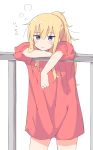  :3 baggy_clothes blonde_hair blue_eyes blush cowboy_shot gabriel_dropout highres leaning_on_rail long_hair messy_hair piyomi ponytail red_shirt shirt tenma_gabriel_white white_background 