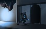  3_fingers 3_toes alien anthro arm_blade avian beak blue_body blue_eyes blue_feathers city city_background colored dark digitigrade energy_blade energy_weapon feather_hair feathered_crest feathers feet female fingers gun halo_(series) head_crest hi_res holding_gun holding_object holding_ranged_weapon holding_weapon kig-yar lady_ahiru microsoft night plasma_pistol pseudo_hair pupils ranged_weapon scalie sky slit_pupils solo star starry_sky t'vaoan toes weapon xbox_game_studios 