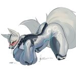 anthro arms_tied bdsm big_breasts big_butt bit_gag bitchsuit blush bodily_fluids bodysuit bondage bondage_gear bound breast_squish breasts butt canid canine chicken-wing_tied clothed clothing digital_media_(artwork) drooling female feralsuit fluffy fluffy_tail fox frogtied fur gag gagged glistening glistening_body glistening_breasts glistening_latex hi_res jade_(shanher) latex latex_bodysuit latex_clothing latex_skinsuit legs_tied mammal orange_eyes saliva seam_(sewing) shanher skinsuit solo spine squish tail tight_clothing white_body white_fur