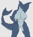  2017 abs anthro areola big_breasts breasts female fish genitals hand_on_hip kawma marine muscular muscular_female nipples pussy scar shark simple_background solo white_background 