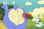 ambiguous_gender anthro avian big_butt bird bottom_heavy butt butt_slap butt_smack chicken cloud dragon dragon_fruit duo fence feral food fruit galliform hi_res hitting hitting_another huge_butt impact mythological_creature mythological_scalie mythology phasianid plant red_butt rogero_(artist) scales scalie shrub size_difference slap steam_sale_dragon tail thick_thighs throwing throwing_food throwing_object tree valve valve_corporation watermark wide_hips