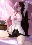  1girl absurdres arm_behind_head artist_name bed blush breasts brown_eyes brown_hair cleavage collarbone eyebrows_visible_through_hair food heterochromia highres ice_cream kneeling large_breasts long_hair looking_at_viewer multicolored_hair navel neo_politan open_mouth pajamas pink_eyes pink_hair rwby shorts solo vilde_loh_hocen watermark web_address whip yawning 