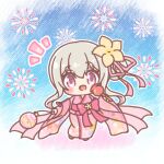  1girl :d aerial_fireworks blue_sky blush_stickers bow brown_flower candy_apple chibi cloud commentary_request commission fireworks flower food full_body grey_hair hair_bun hair_flower hair_ornament hair_ribbon hanakumo_rin_(vtuber) highres holding holding_food japanese_clothes kimono long_hair long_sleeves mitarashi_neko notice_lines obi outline pink_bow pink_eyes pink_kimono pink_ribbon propro_production ribbon sash single_side_bun skeb_commission sky smile solo very_long_hair virtual_youtuber water_yoyo white_outline wide_sleeves 