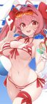  1girl animal_ears antenna_hair bikini blush bracelet breasts cleavage commentary_request cup di_gi_charat dice_hair_ornament eyewear_on_head groin hair_intakes hair_ornament heart highres holding holding_cup jewelry large_breasts long_hair looking_at_viewer navel open_mouth pink_hair rabbit_ears red_bikini red_eyes rikumaru solo striped_bikini striped_clothes sunglasses sweat swimsuit twintails usada_hikaru white_bikini wrist_cuffs yellow_nails 