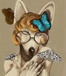  arthropod blonde_hair butterfly canid canine canis domestic_dog eyewear fur glasses hair insect lepidopteran mammal maria_(character) unknown_artist white_body white_fur 